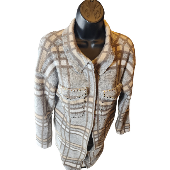 Madison Plaid Knit Cardigan Sweater Womens Large Open Front Layering Rhinestone - Picture 8 of 14